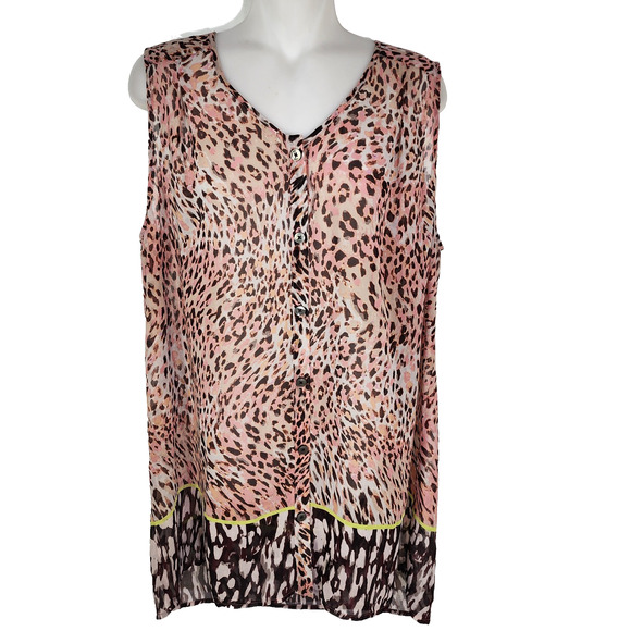 Cabi Womens Tunic Top 108 Large Beguile Animal Print Sheer Button Up Sleeveless - Picture 1 of 9